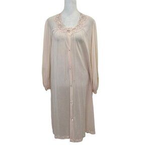 Vintage 80s Miss Elaine Sheer Long Sleeve Dressing Robe Pink Pockets size Medium
